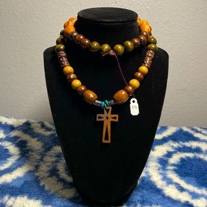 15.5” Handmade Wooden Cross Wooden Bead Necklace